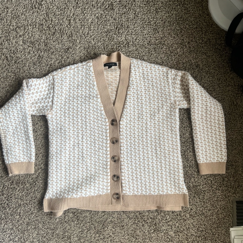 Ann Taylor Cream and Tan Button-Up Cardigan